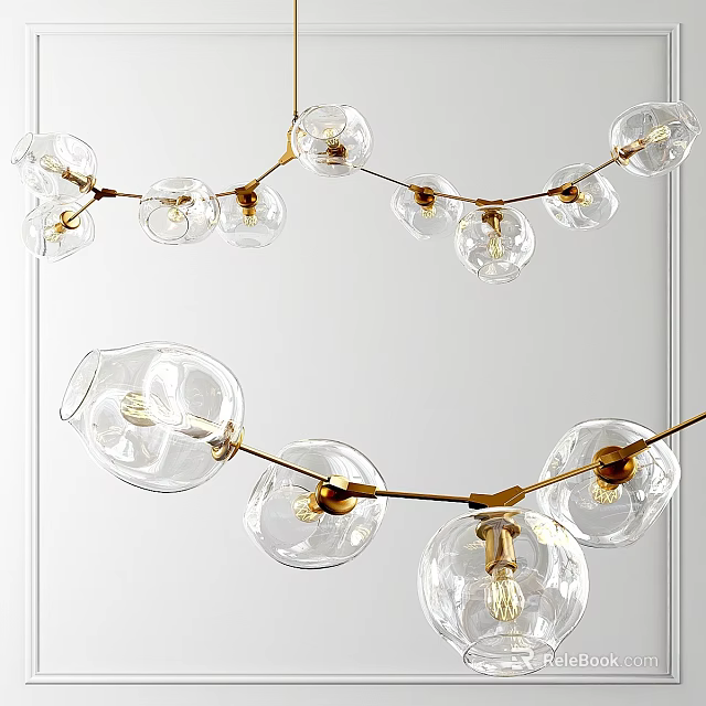 Modern Clear Glass Globe Chandelier with Gold Metal Frame and Lighting Bulbs 3d model 
