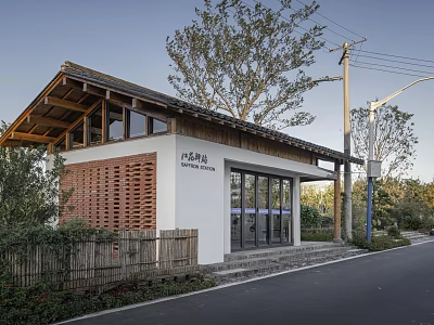 Traditional Style Post Station With Gabled Roof White Walls And Wooden Lattice Along Road 3d model