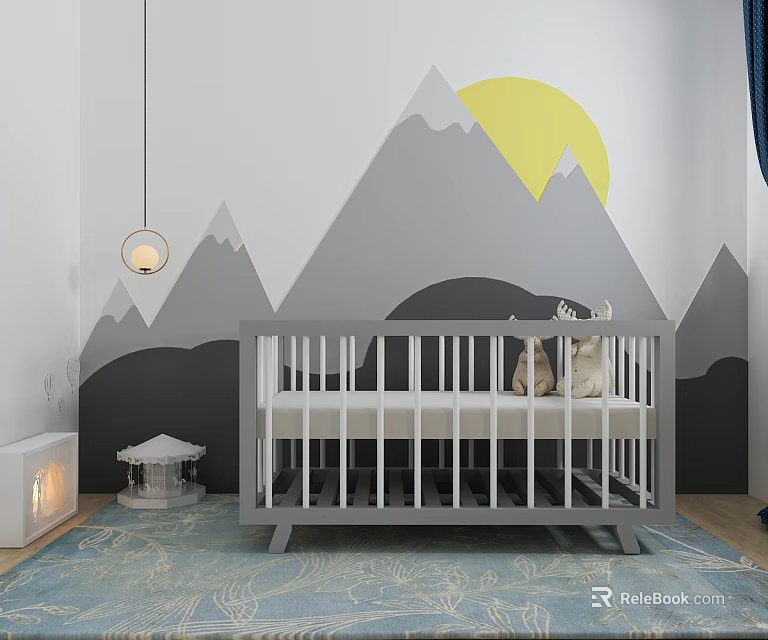 Cozy Baby Crib In Nursery With Mountain Pattern Wall Yellow Sun And Blue Rug 3d model 