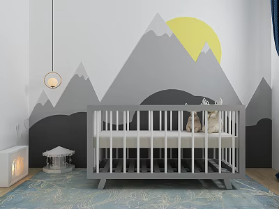 Cozy Baby Crib In Nursery With Mountain Pattern Wall Yellow Sun And Blue Rug 3d model