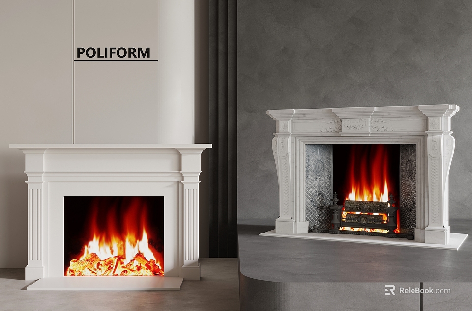 Stylish Modern And Carved Classic White Fireplace With Burning Fire In Interior Design 3d model 