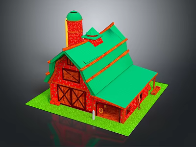 Cartoon Barn Scene With Red Walls Green Roof Chimney Wooden Doors And Green Grass 3d model