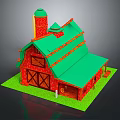 Cartoon Barn Scene With Red Walls Green Roof Chimney Wooden Doors And Green Grass