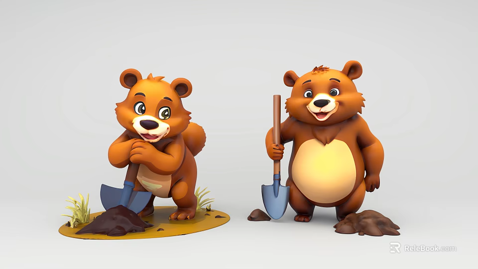 Two Adorable Cartoon Bears Digging With Shovels Near Dirt And Grass 3d model 