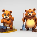 Two Adorable Cartoon Bears Digging With Shovels Near Dirt And Grass