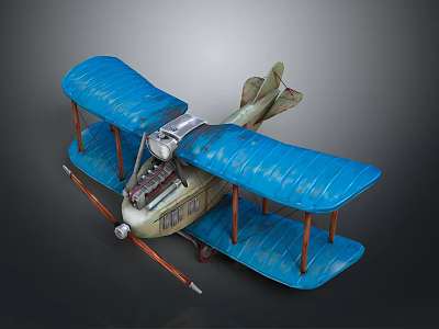 Vintage Biplane Model With Blue Wings Propeller And Fuselage Details 3d model