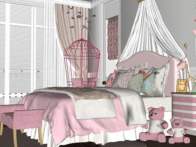 Pink Kids Bed with White Canopy Colorful Pillows and Pink Teddy Bears in Girl's Bedroom 3d model