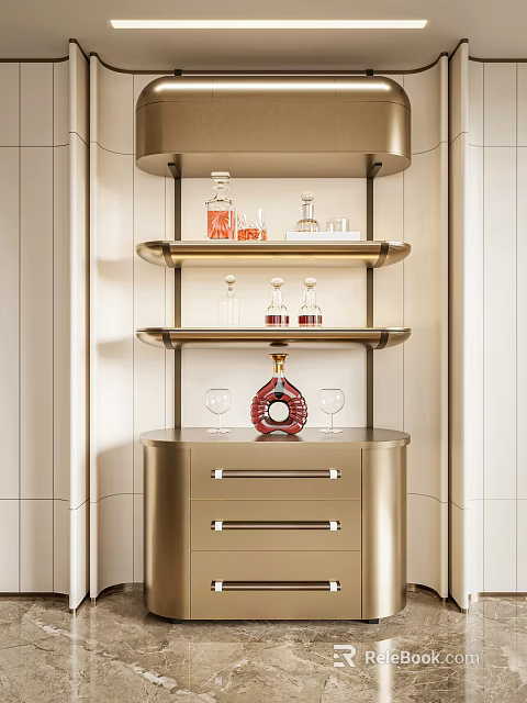 Elegant Modern Gold Wine Cabinet With Shelves Wine Bottles And Glasses 3d model 