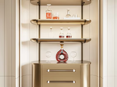 Elegant Modern Gold Wine Cabinet With Shelves Wine Bottles And Glasses 3d model