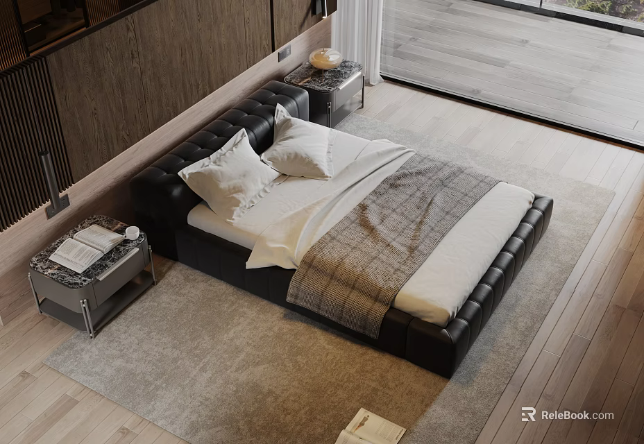 Black Leather Double Bed With White Pillows Gray Blanket And Bedside Tables In Modern Bedroom 3d model 