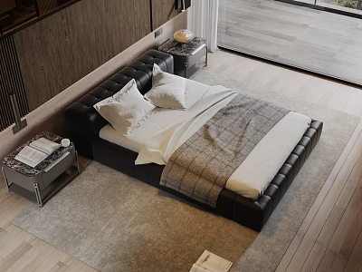 Black Leather Double Bed With White Pillows Gray Blanket And Bedside Tables In Modern Bedroom 3d model