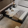 Black Leather Double Bed With White Pillows Gray Blanket And Bedside Tables In Modern Bedroom