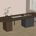 Japanese Style Wooden Tea Table and Chairs with Tea Set Vase Plant in Bright Room