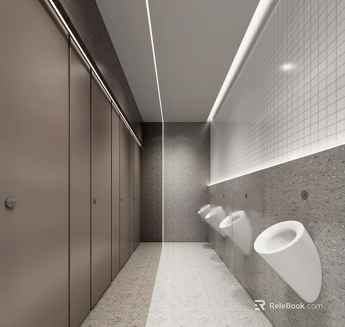 Public Restroom Interior With Grey Stalls Urinals And Light Colored Floor 3d model 