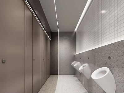 Public Restroom Interior With Grey Stalls Urinals And Light Colored Floor 3d model