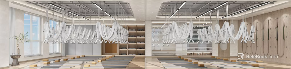 Bright Modern Yoga Fitness Studio With Hammocks Mats Wooden Floor And Storage Shelves 3d model 
