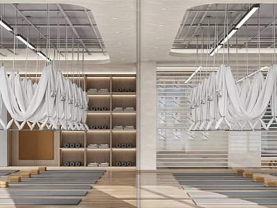 Bright Modern Yoga Fitness Studio With Hammocks Mats Wooden Floor And Storage Shelves 3d model