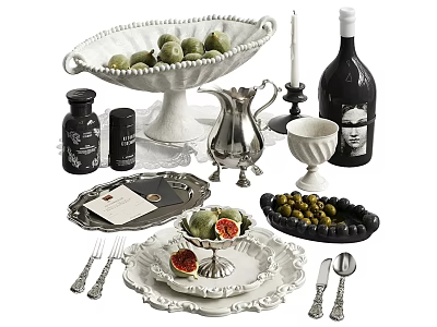 Elegant Tableware Set With Ceramic Plates Silverware Olives Fruits And Wine Accessories 3d model