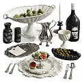 Elegant Tableware Set With Ceramic Plates Silverware Olives Fruits And Wine Accessories