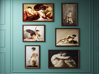 Six Framed Figure Paintings On Turquoise Wall With Classical Human Portraits 3d model