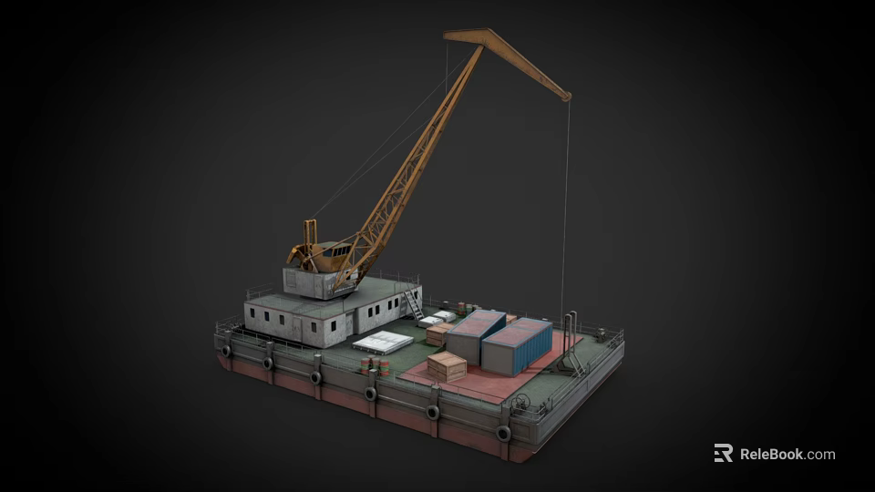 Floating Ship With Crane And Cargo On Deck 3d model 