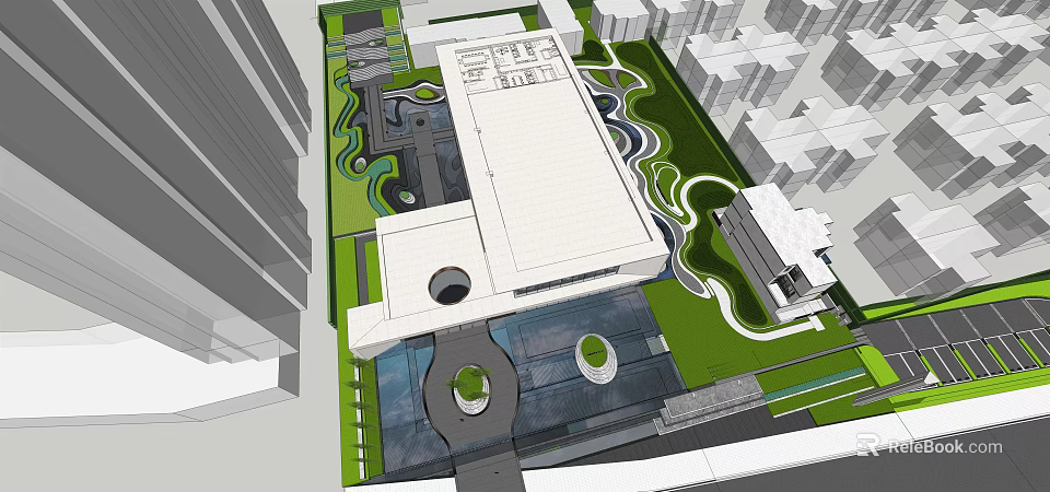 Modern Sales Office Building Architectural Design With Urban Green Landscape And Courtyard 3d model 