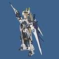 Detailed Sci Fi Woman in Futuristic Mechanical Armor Holding Swords and Blue Accents