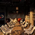 Modern Bar Interior With Wooden Tables Chairs And Shelves Full Of Bottles