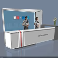 Modern Exhibition Entrance with Information Desk Staff Members Vase and Brand Logo