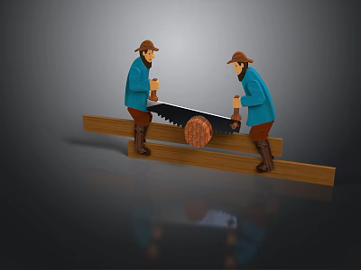 Two People In Blue Clothing With Hats Sawing Wooden Plank On Supports 3d model