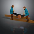 Two People In Blue Clothing With Hats Sawing Wooden Plank On Supports