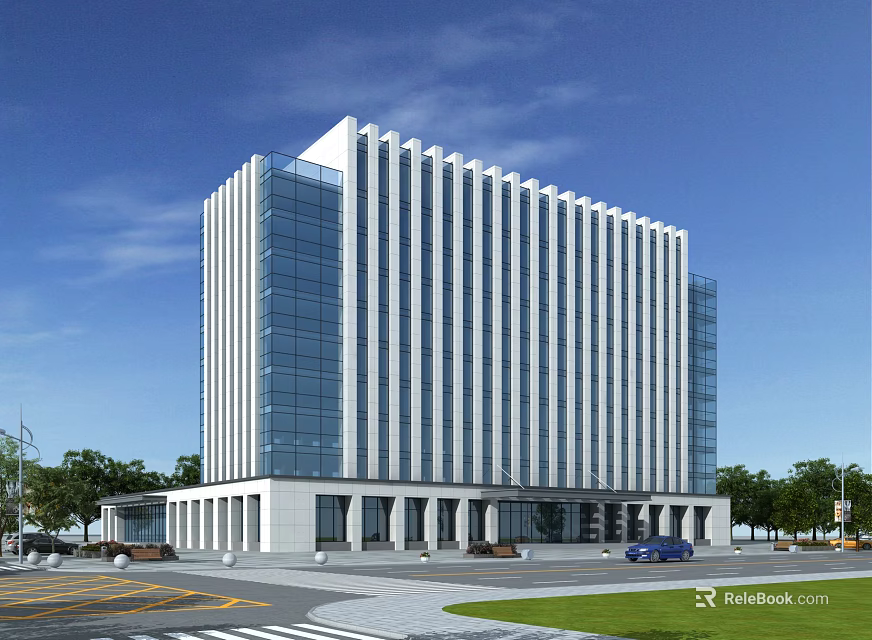 Modern Office Building With Glass Curtain Wall White Facade Greenery Parking Lot And Cars 3d model 