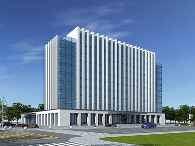 Modern Office Building With Glass Curtain Wall White Facade Greenery Parking Lot And Cars 3d model