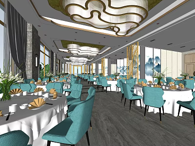 Elegant Banquet Hall Interior Featuring White Tablecloths Blue Chairs Modern Chandeliers And Decorative Paintings 3d model