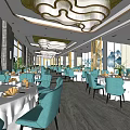 Elegant Banquet Hall Interior Featuring White Tablecloths Blue Chairs Modern Chandeliers And Decorative Paintings