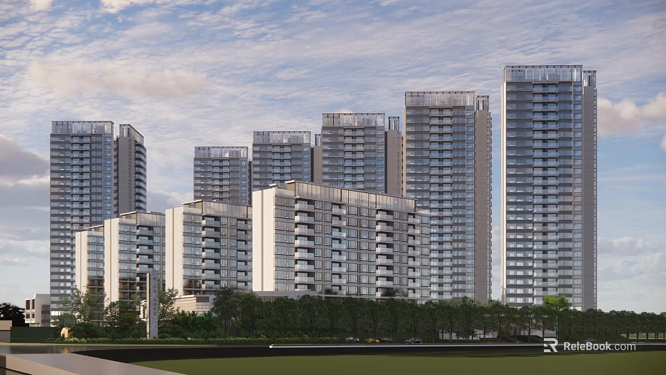 Modern High Rise Residential Complex With Green Landscape And Cloudy Sky View 3d model 