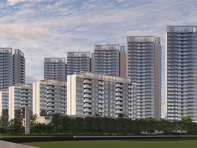 Modern High Rise Residential Complex With Green Landscape And Cloudy Sky View 3d model