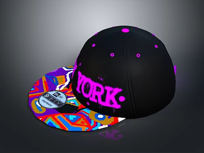 Stylish Black Fashion Hat With Colorful Brim Pink YORK Lettering And Purple Dots 3d model