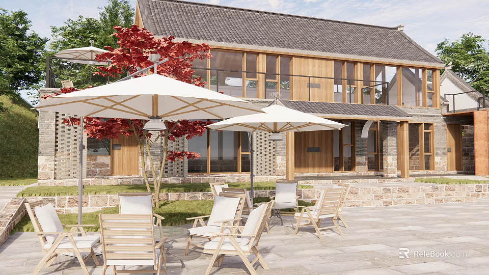 Modern Wooden House Exterior With Outdoor Lounge White Umbrellas And Red Leaf Trees 3d model 