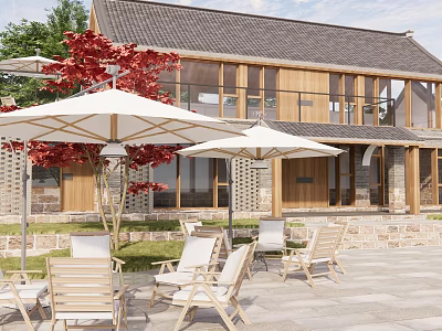 Modern Wooden House Exterior With Outdoor Lounge White Umbrellas And Red Leaf Trees 3d model