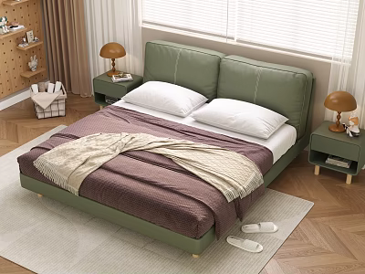 Green Upholstered Double Bed with White Pillows Brown Blanket Side Tables Lamps Window White Blinds 3d model