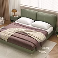 Green Upholstered Double Bed with White Pillows Brown Blanket Side Tables Lamps Window White Blinds