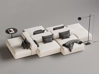 Modern White Two Seater Sofa With Gray Pillows And Floor Lamp In Living Room 3d model