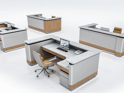 Modern Reception Desk Designs with Various Styles Wooden Elements and White Countertops 3d model