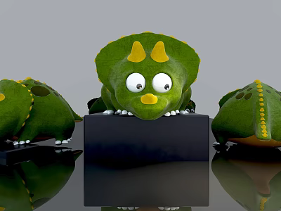 Cute Green Dinosaur Dolls With Big Eyes Yellow Horns On Black Cube And Reflection 3d model