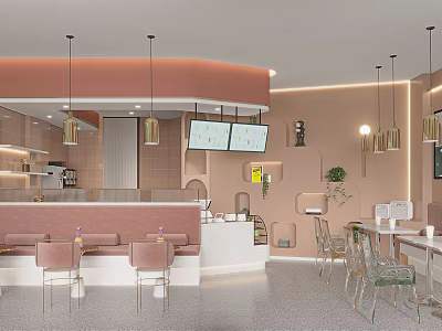Modern Bubble Tea Shop Interior With Pink Toned Open Counter Hanging Lights And Green Plants 3d model