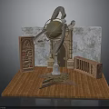 Detailed 3D Interior Scene With Globe Bookshelf Stone Wall Wooden Door Balustrade And Wooden Floor