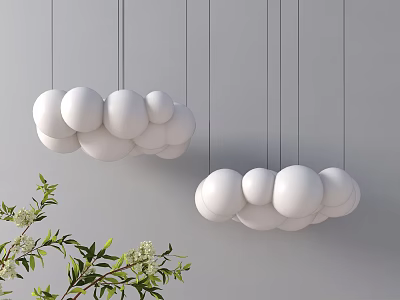 Modern Hanging Chandelier With Multiple White Spherical Balls And Green Plant On Gray Wall 3d model