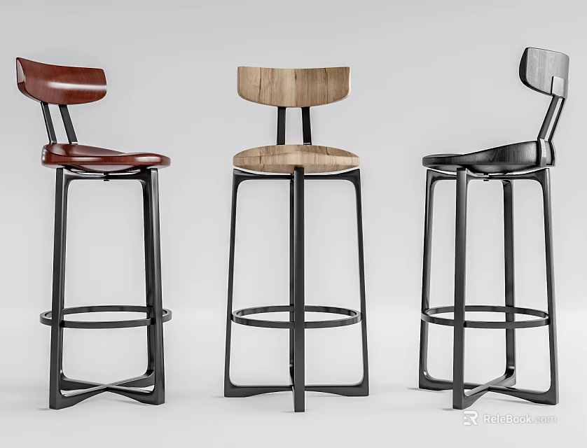 Modern Bar Stools With Leather And Wooden Seats And Metal Frames 3d model 