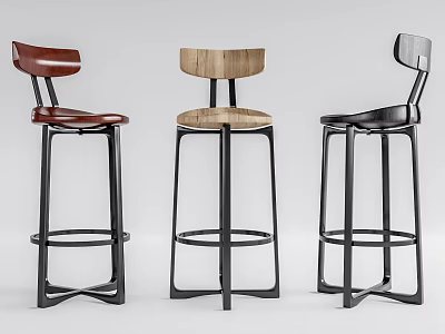 Modern Bar Stools With Leather And Wooden Seats And Metal Frames 3d model